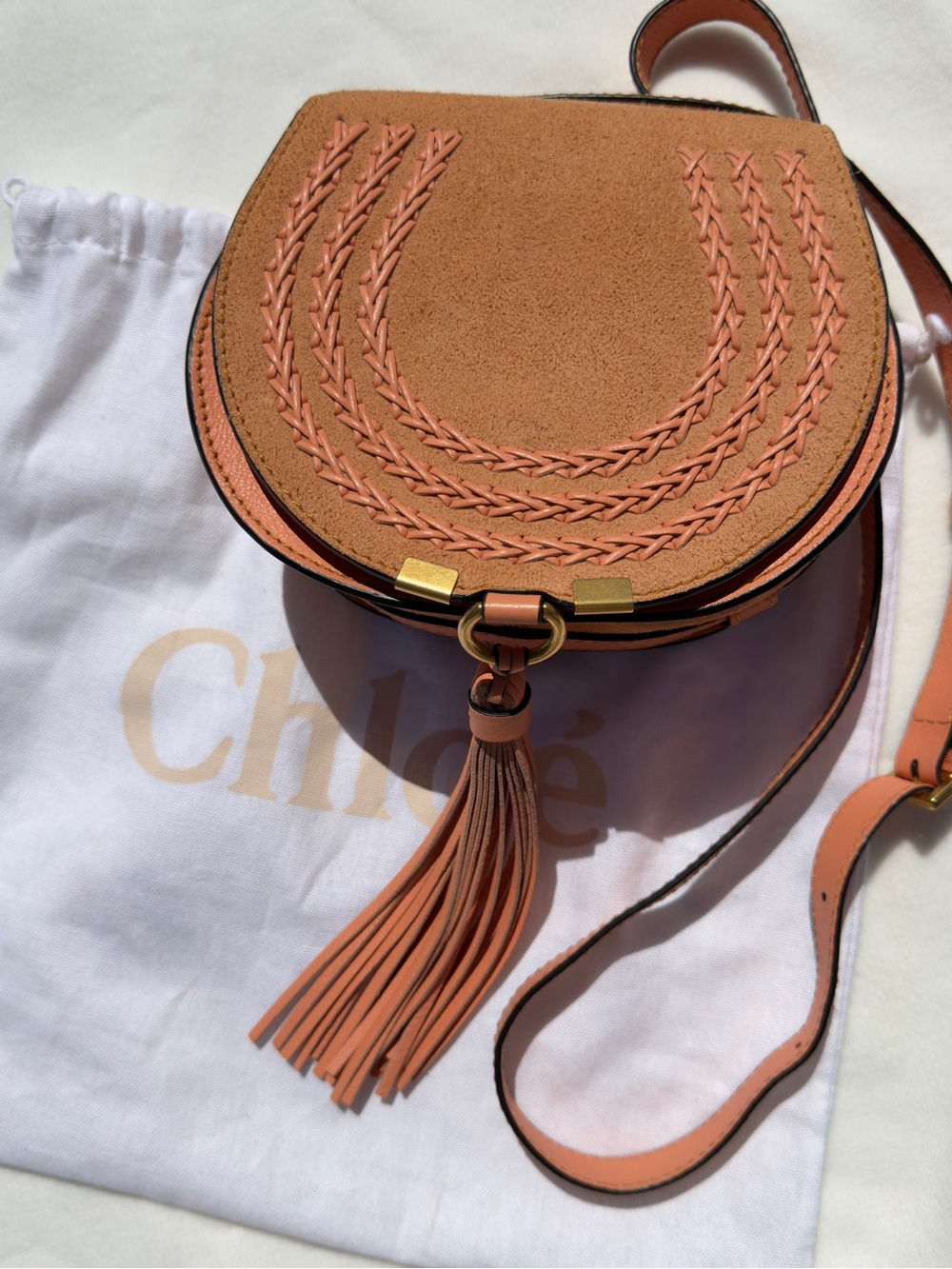 Chloé Tan Suede & Leather Braided Tassel Crossbody